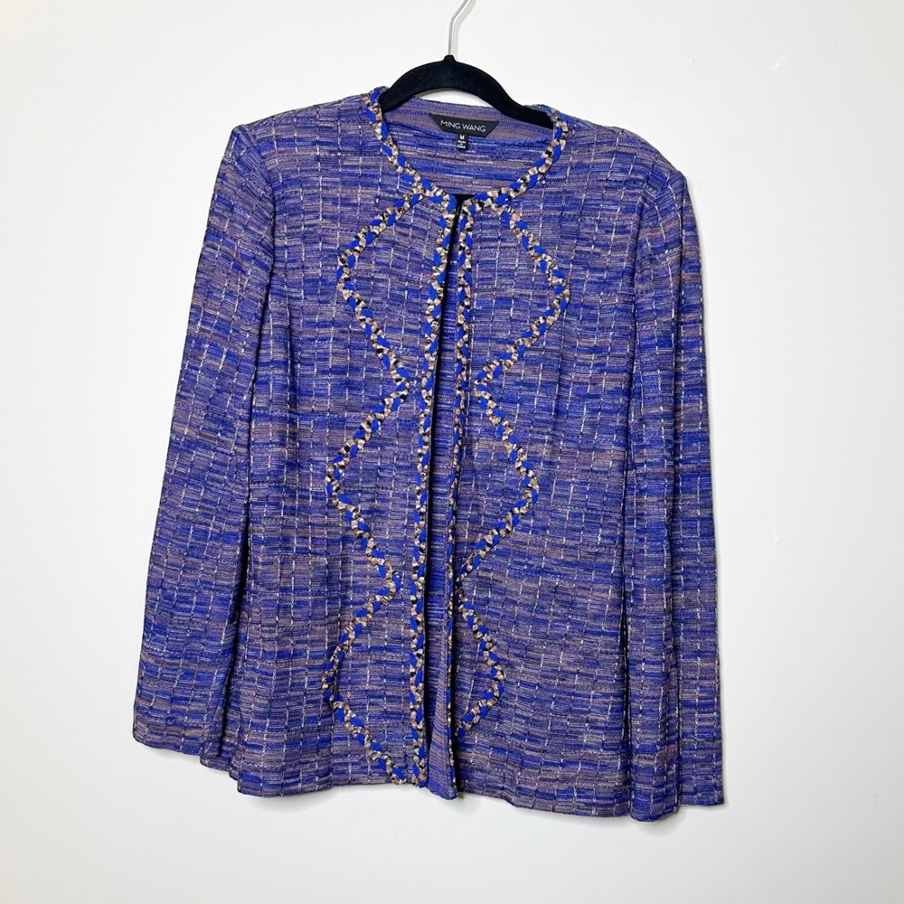 Ming Wang Knit Jacket Womens M Blue Excellent Braided Trim Open Front Structure